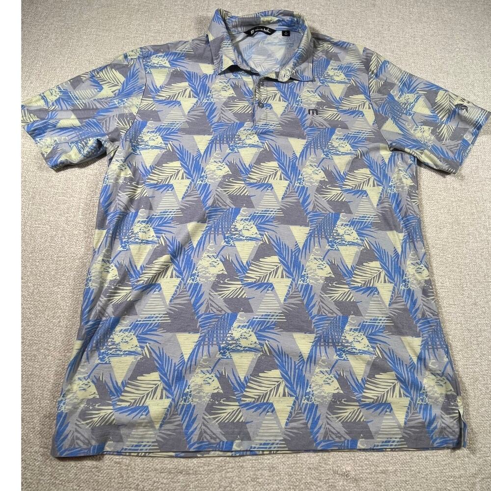 TravisMathew Men’s XL Blue Yellow Hawaiian Print 3 Button Short Sleeve Polo Golf